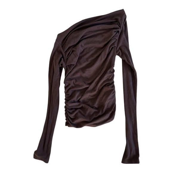 Brown Off the Shoulder Ruched Tee - Picture 2 of 3